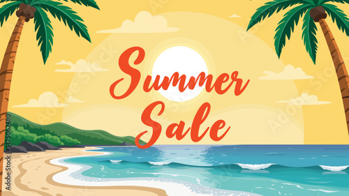 Summer Sale Announcement on Tropical Beach Background  