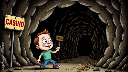 Cartoon boy exploring casino tunnel with excitement  