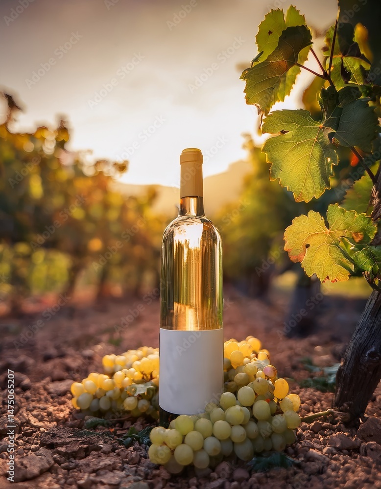 Fototapeta premium White wine bottle standing among ripe white grapes in a vineyard at sunset
