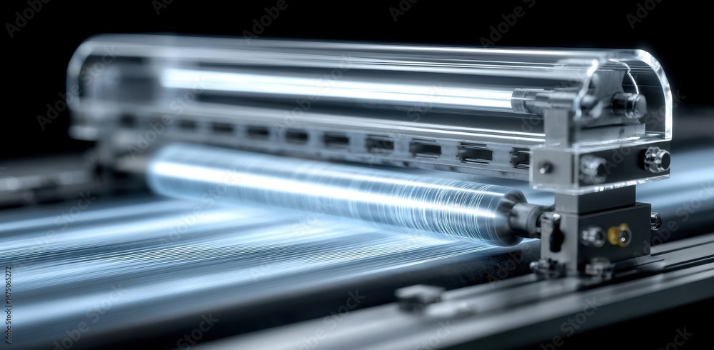 Obraz premium High speed industrial printing machine in motion producing lines of text