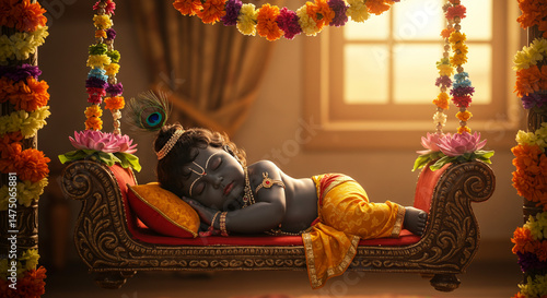 Baby Krishna Sleeping in Cradle