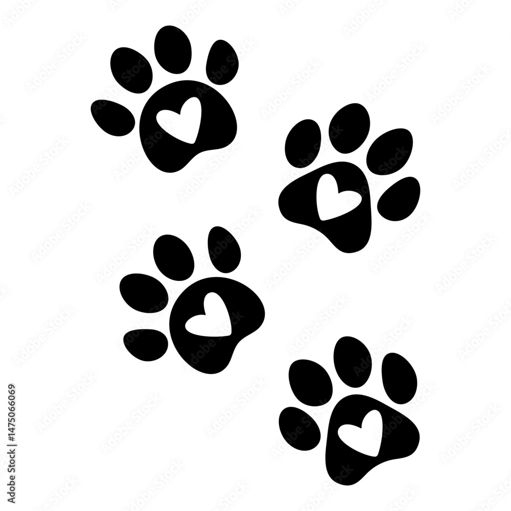Fototapeta premium Paw vector foot trail print of cat. Dog, puppy silhouette animal diagonal tracks for t-shirts, backgrounds, patterns, websites, showcases design, greeting cards, child prints and etc.