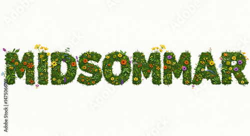 MIDSOMMAR text made of grass and flowers, floral lettering illustration for summer themes, seasonal designs, and social media