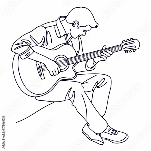 Line art illustration of a young man playing an acoustic guitar, representing music and creativity