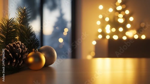 A festive and inviting Christmas scene featuring pine branches golden ornaments and warm glowing lights creating a cozy and serene atmosphere