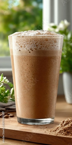 Delicious protein shake in a clear glass on a wooden table