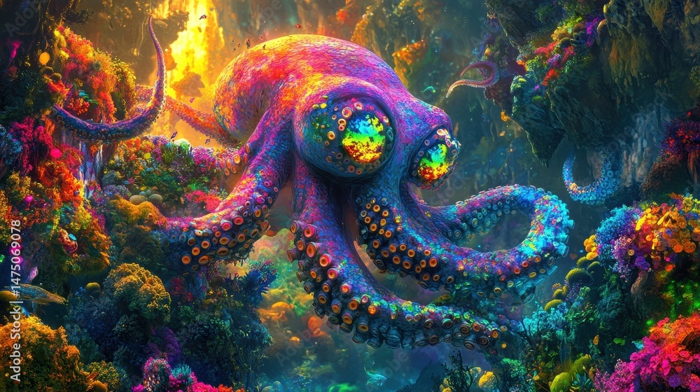 Vibrant Rainbow Octopus in Bioluminescent Coral Reef Vibrant Rainbow Octopus in Bioluminescent Coral Reef