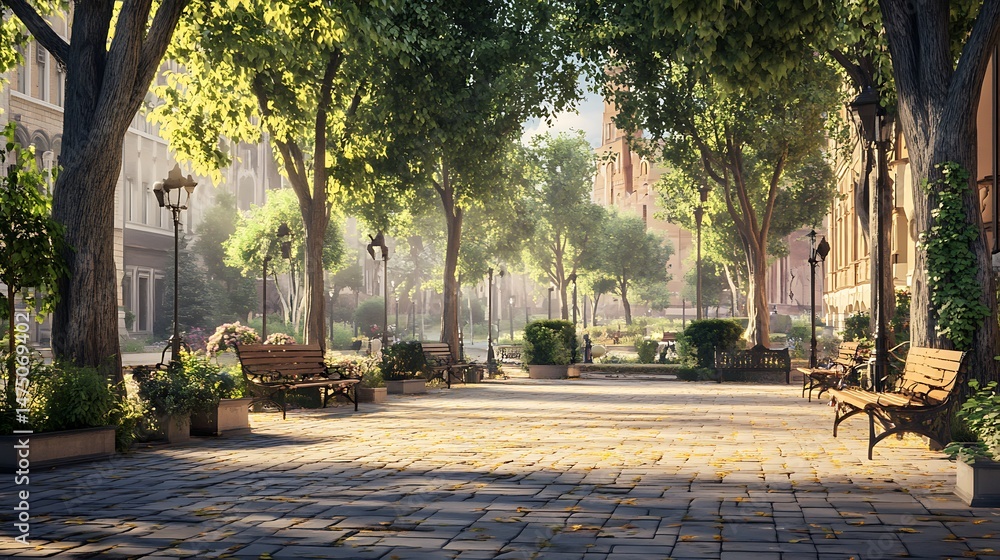Obraz premium Green Trees Surrounding Pathway in Urban Park on Sunny Day high resolution picture