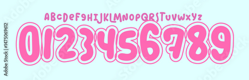 Playful bubble alphabet, cute cartoon font, bold rounded pink letters, sweet candy style, kids logo design, soft girly number set, kawaii-themed branding visuals. Vector typeset