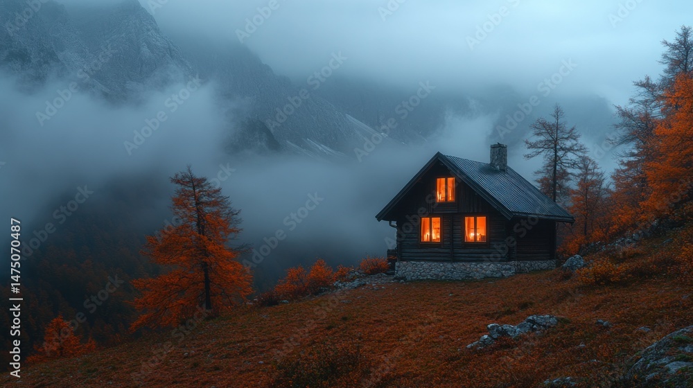Cozy mountain cabin bathed in warm light, nestled amidst autumnal foliage and misty mountains Cozy mountain cabin bathed in warm light, nestled amidst autumnal foliage and misty mountains