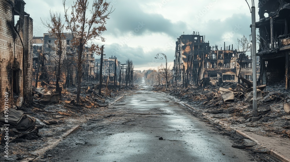 Fototapeta premium Post-Fire Urban Landscape Desolated Street Scene, Devastation, Destruction, Aftermath , disaster , war