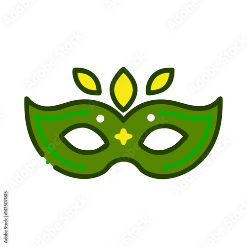 Green decorative mask with leaves and embellishments, festive style and copy space