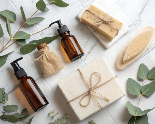 Natural spa flat lay with handmade soap bars, amber serum bottles, and eco-friendly bath accessories on marble background photo