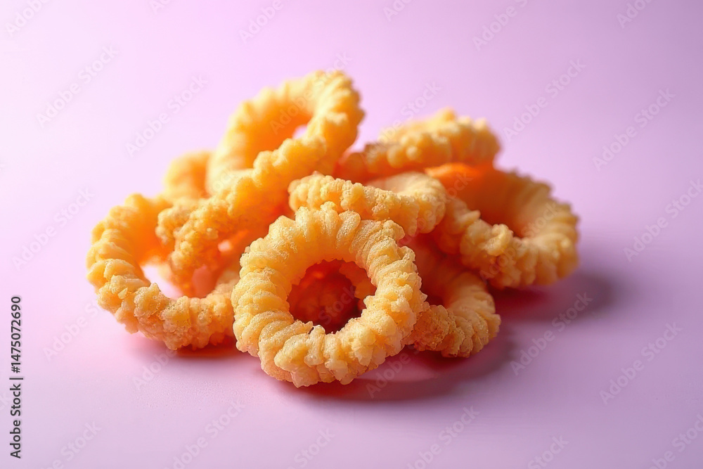 Tempting Fried Calamari: Clean Food Photography with Soft Lilac Background and Studio Glow Tempting Fried Calamari: Clean Food Photography with Soft Lilac Background and Studio Glow