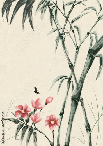grunge floral background with flowers, Japanese art