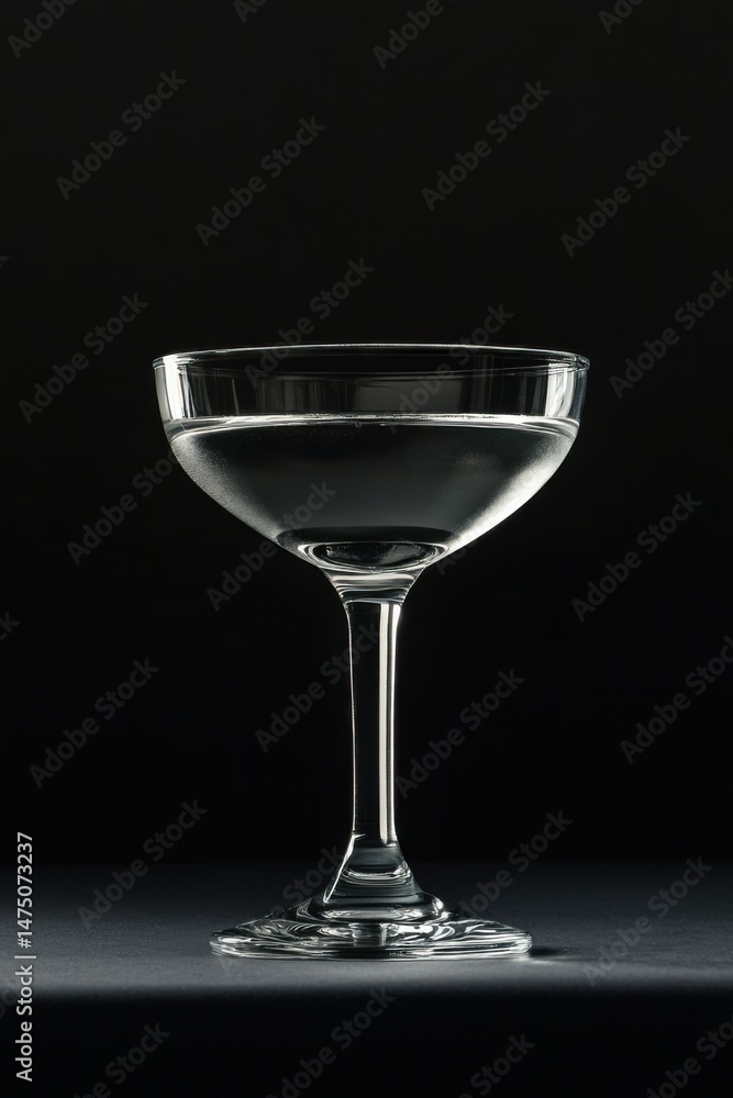 Elegant coupe glass filled with clear liquid against a dark background studio shot high angle minimalism Elegant coupe glass filled with clear liquid against a dark background studio shot high angle minimalism