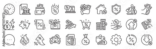 Loan line icons. Settings gear, Message, Inflation icons. Set of Investment, Interest rate and Percentage diagram linear icons. Car leasing, analytics plan, Credit card percent and loan rate. Vector