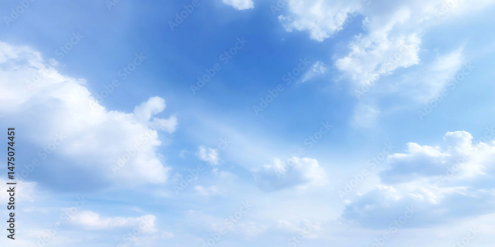 Fototapeta premium Puffy summer clouds suspended in wide open blue sky create serene and tranquil atmosphere, inviting feelings of peace and relaxation