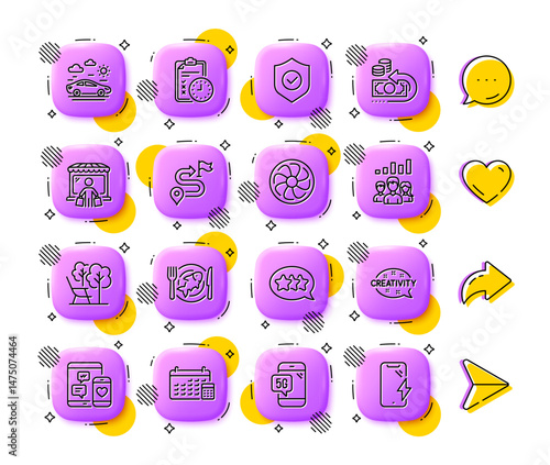 Exam time, Market buyer and Fan engine line icons. App 3d buttons. Social media comment, share, like icons. Pack of Security shield, Social media, Car travel icon. Vector