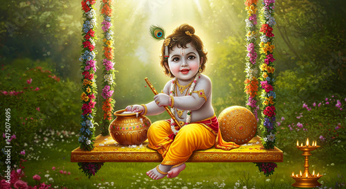 Krishna With Butter Pot on Swing