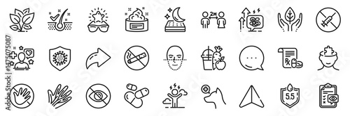 Leaf, Mental conundrum and Juice line icons pack. Share, Message, Paper plane icons. Veterinary clinic, Face recognition, Fair trade web icon. Vector