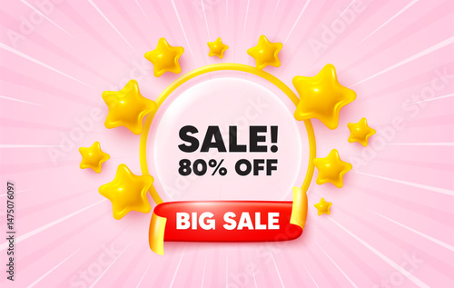 Sale sunburst ray banner. Big sale flag ribbon. Sale 80 percent off discount. Promotion price offer sign. Retail badge symbol. 3d stars glitter. Red ribbon tag. Discount offer. Vector