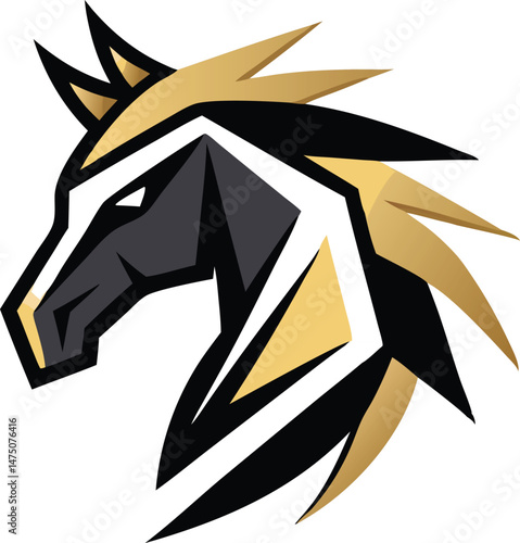 Elegant, minimalist horse logo with geometric shapes, monochrome or dual tone conveying prestige and strength