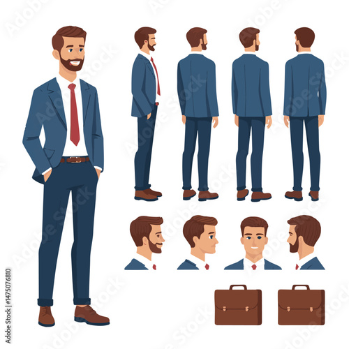  Business man. Character constructor for animation. Front, side and back view set. Body parts, postures, poses collection. Vector illustration.