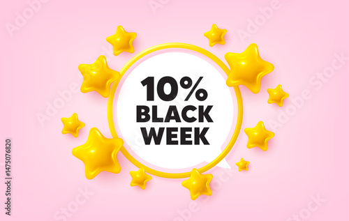 Black week frame banner. Speech bubble offer. Black week 10 percent sale. Special discount sign. Black friday offer symbol. 3d stars glitter tag. Golden frame banner. Vector