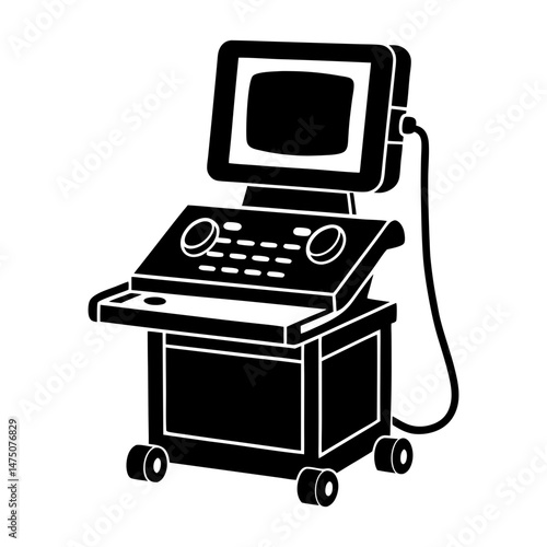 Illustration of a black and white ultrasound machine with a screen and control panel on wheels