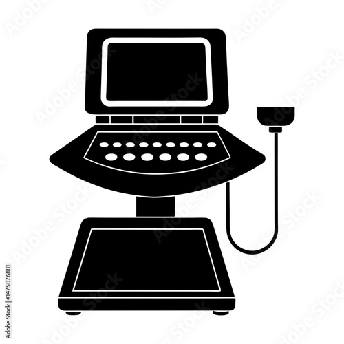 A detailed silhouette of a medical ultrasound machine with a screen and control panel displayed clearly