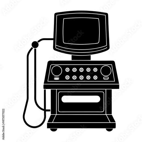 Silhouette of a medical ultrasound machine with a screen and control panel for diagnostics and imaging