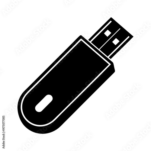 Illustration of a black usb flash drive with a rectangular connector and rounded body design in solid color