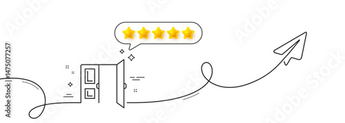 Open door line icon. Continuous line with share plane. Entrance doorway sign. Building exit symbol. Five star rate review in speech bubble. Open door single line ribbon. Loop curve pattern. Vector