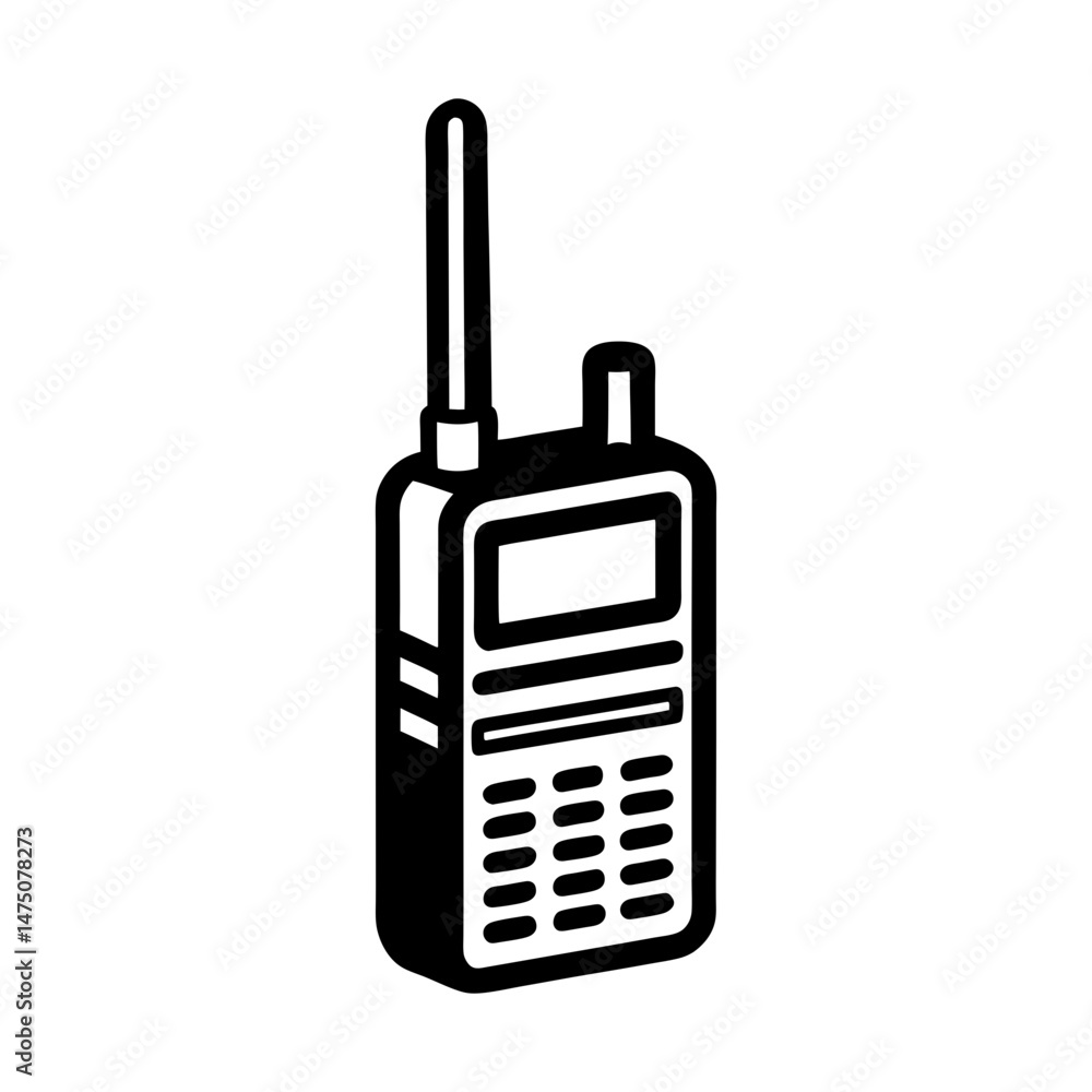 Illustration of a black walkie talkie with an antenna and a screen for communication purposes shown Illustration of a black walkie talkie with an antenna and a screen for communication purposes shown