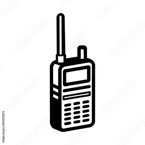 Illustration of a black walkie talkie with an antenna and a screen for communication purposes shown