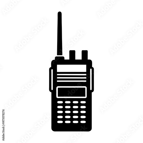 Illustration of a black walkie talkie with antenna and buttons on a white background communication device