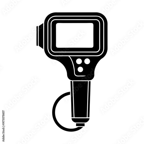 Illustration of a handheld thermal imaging camera with a screen and control buttons in black and white