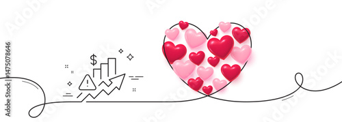 Rise price line icon. Continuous line big heart. Excise duty graph sign. Tax rate or inflation symbol. 3d hearts in heart shaped loop. Rise price single line ribbon. Loop curve pattern. Vector