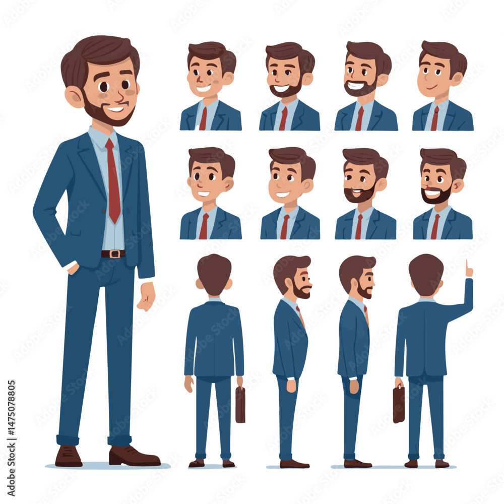 Business man. Character constructor for animation. Front, side and back view set. Body parts, postures, poses collection. Vector illustration. Business man. Character constructor for animation. Front, side and back view set. Body parts, postures, poses collection. Vector illustration.