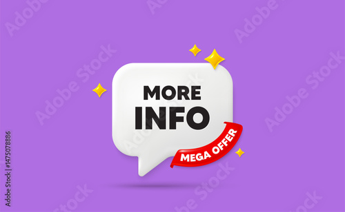 More info chat speech bubble. Mega offer flag ribbon. More info tag. Navigation sign. Read description symbol. 3d sparkle stars speech bubble. Vector