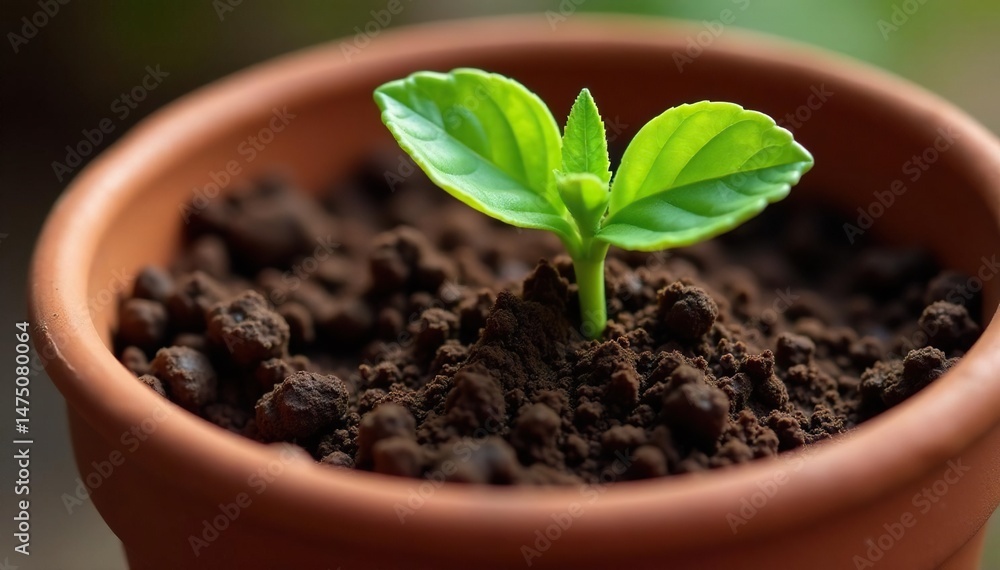 Naklejka premium Close-up of rich, dark potting soil in a terracotta pot, ready for planting , brown, summer