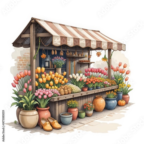 Colorful Flower Market Stand Displaying Vibrant Tulips and Ornamental Pots in a Lively Outdoor Setting