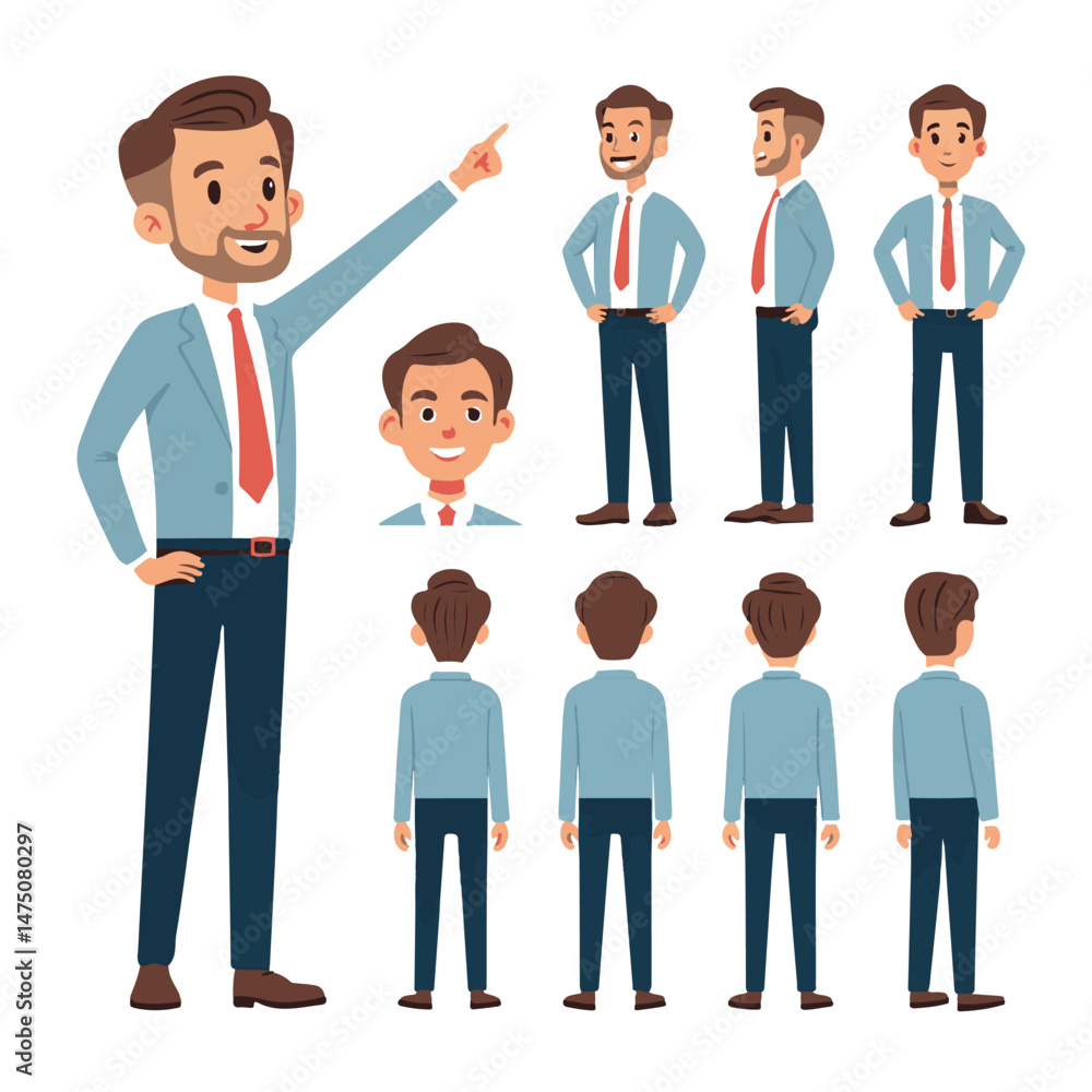 Business man. Character constructor for animation. Front, side and back view set. Body parts, postures, poses collection. Vector illustration. Business man. Character constructor for animation. Front, side and back view set. Body parts, postures, poses collection. Vector illustration.