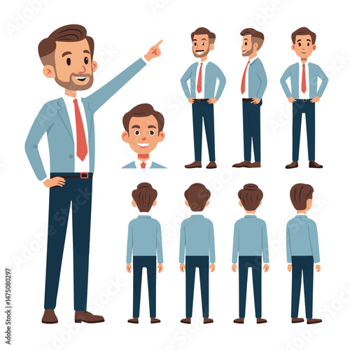  Business man. Character constructor for animation. Front, side and back view set. Body parts, postures, poses collection. Vector illustration.