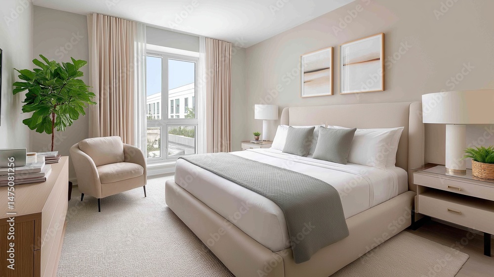 Fototapeta premium Elegant Bedroom Offers Peaceful Retreat And Light Modern Master Suite Boasts Calm And Natural Views 