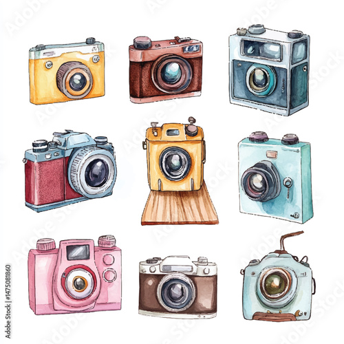 cute cartoon watercolor A collection of vintage camera