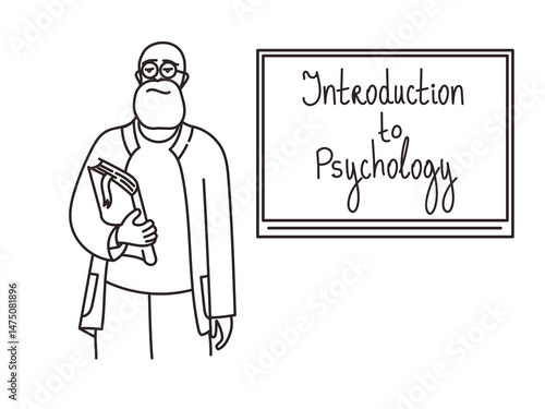 Doodle Illustration of a Bearded Teacher with a Folder by a Psychology Blackboard: Introduction to Psychology