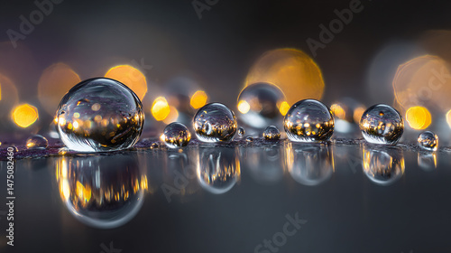 Water droplets reflecting city lights at night.