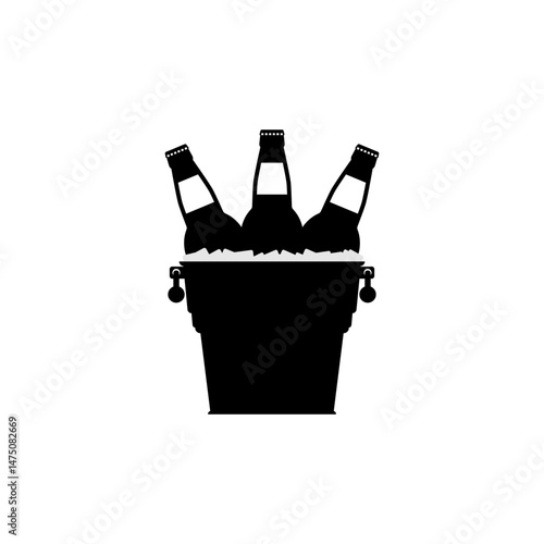 Black silhouettes of beer bottles in a metal bucket with handles and ice cubes on a white background. Isolated vector icon and logo, flat illustration.